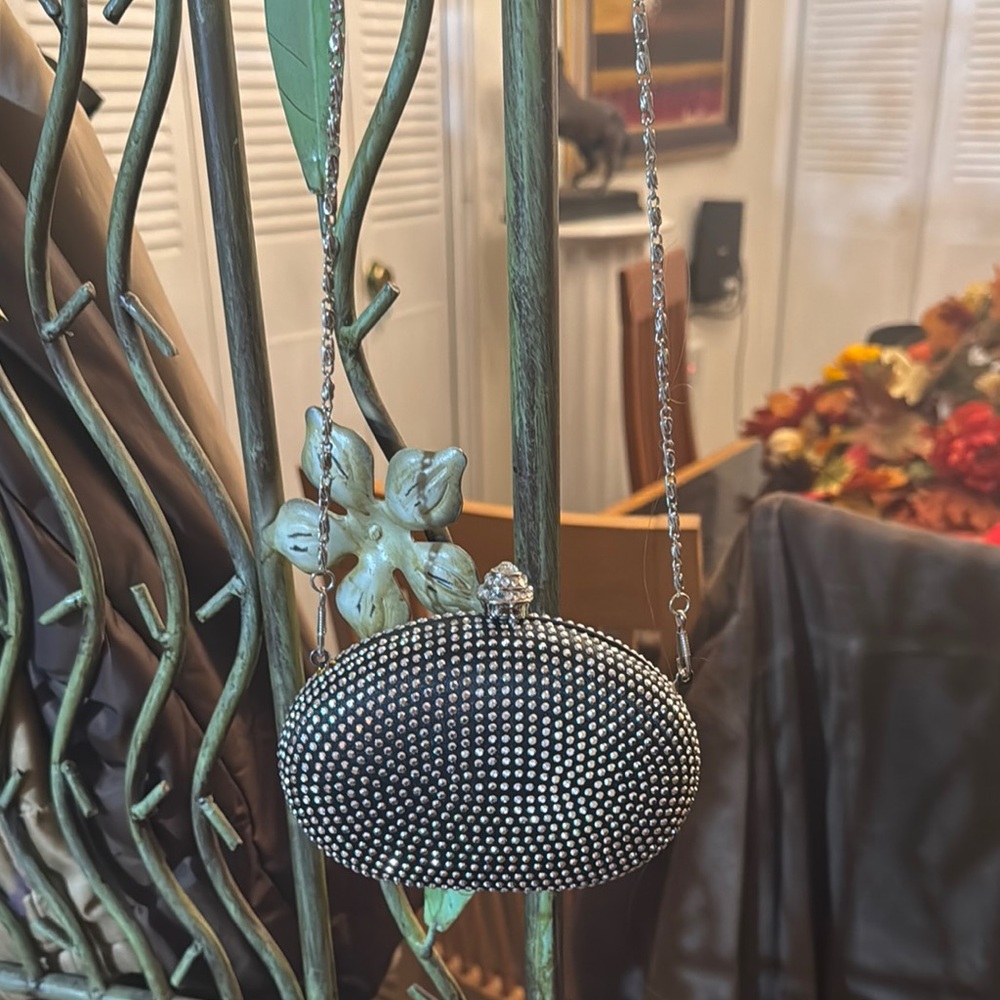Joymax Mini silver metal purse with stone.